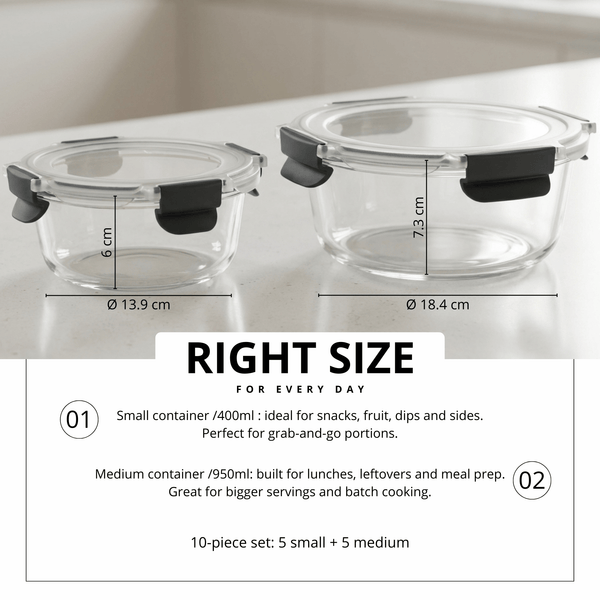 10-Pack Glass Meal Prep Containers with Airtight Lids – Leakproof Food Storage Set (5×1050ml + 5×370ml) – Oven, Microwave, Freezer & Dishwasher Safe