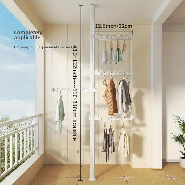 4-Tier Standing Clothes Laundry Drying Rack Coat Hanger Organizer Floor to Ceiling Adjustable Metal Corner Tension Pole