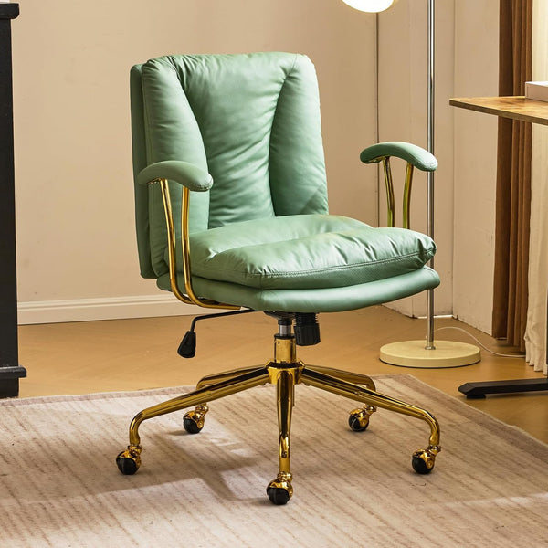 Office Chair Desk Chair with Wheels & Removable Armrests Gold Base Vanity Chair with Back Adjustable Rolling Swivel Computer Task Chair PU Leather