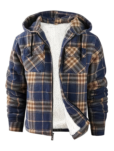 Men's Full-Zip Winter Sports Plaid Hoodie with Sherpa Lining, Warm Hooded Jacket