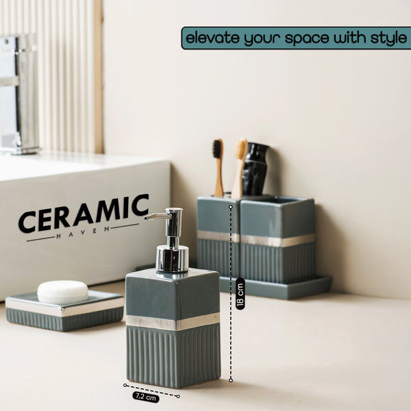 Ceramic Haven Elegance Collection | Set of 5 Luxury Bathroom Accessories | Soap Dispenser, Toothbrush Holder, Multipurpose Holder, Tumbler, Vanity Tray | Stylish Décor & Organizer