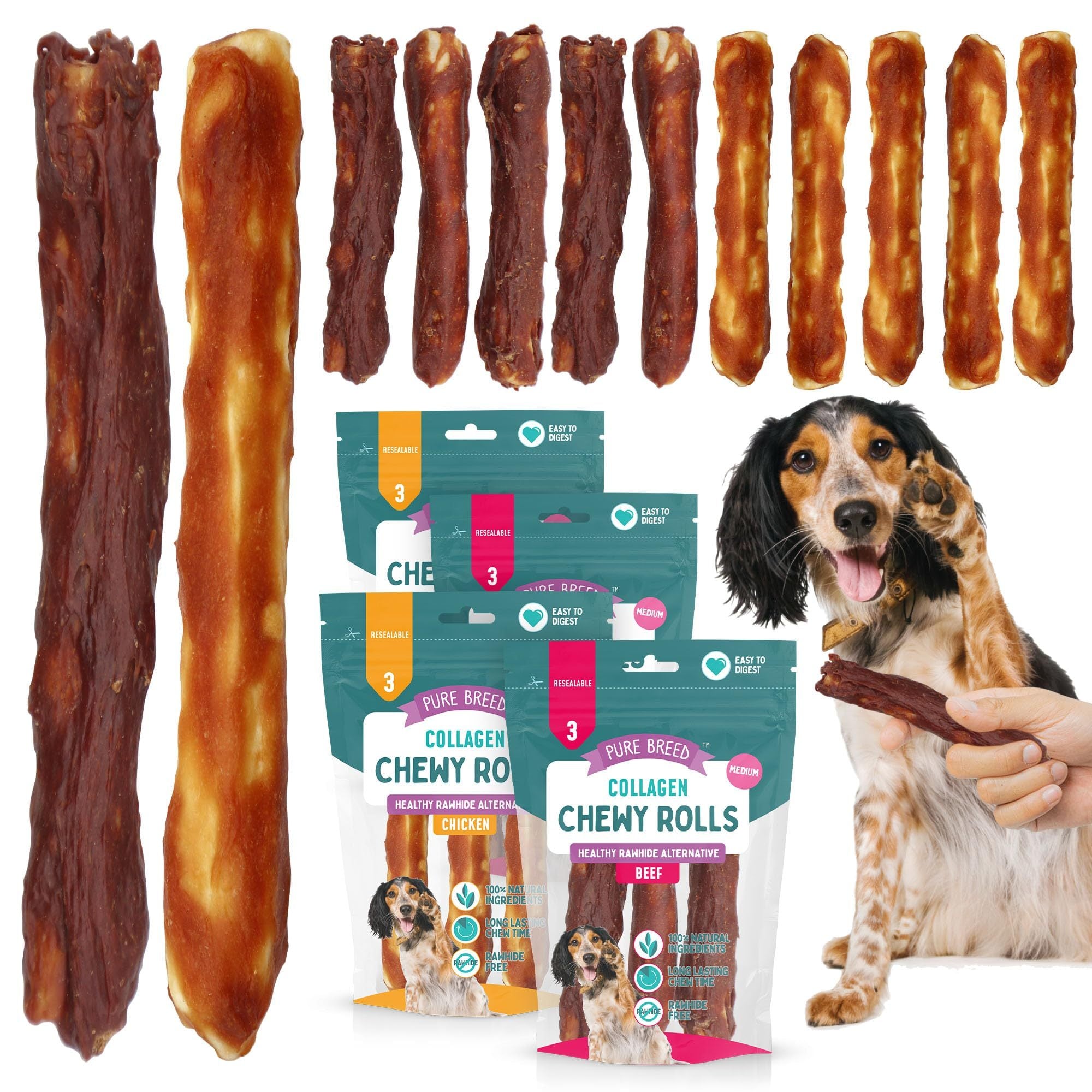 Pure Breed 12pk Medium Collagen Chewy Rolls | Long Lasting Dog Chews for Puppies & Adults | 12cm Assorted Beef & Chicken Flavour | Natural Protein-Rich Training Treats in Resealable Pack for Boredom Relief
