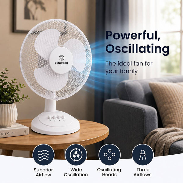 12 Inch Oscillating Table Fan 3 Speed Settings Adjustable Tilt Portable White 35W