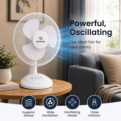 12 Inch Oscillating Table Fan 3 Speed Settings Adjustable Tilt Portable White 35W