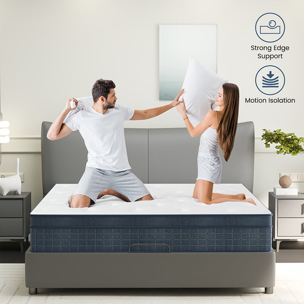 26cm/10.2in) Premium Hybrid Mattress: Individual Pocket Springs & 7-Zone Gel Foam, Medium Firm, Motion Isolation, Blue & White Design