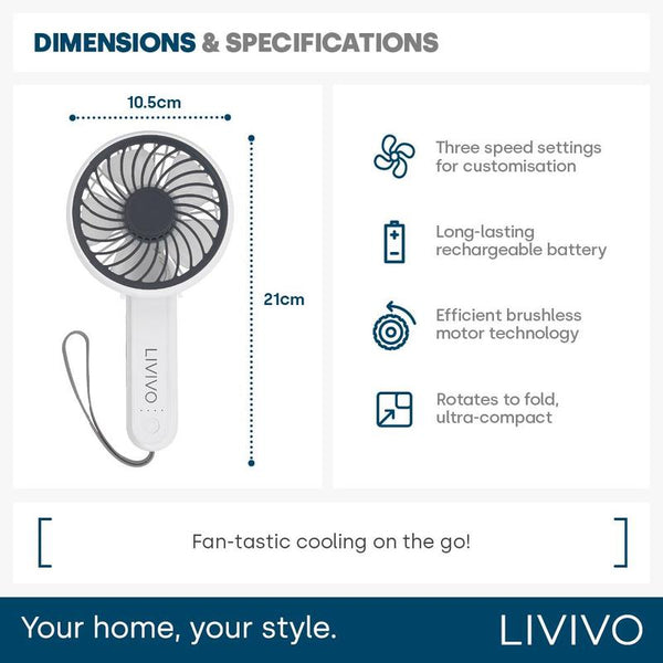 LIVIVO Handheld Mini Fan - 3 Speed Settings Rechargeable Type-C USB White