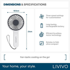 LIVIVO Handheld Mini Fan - 3 Speed Settings Rechargeable Type-C USB White