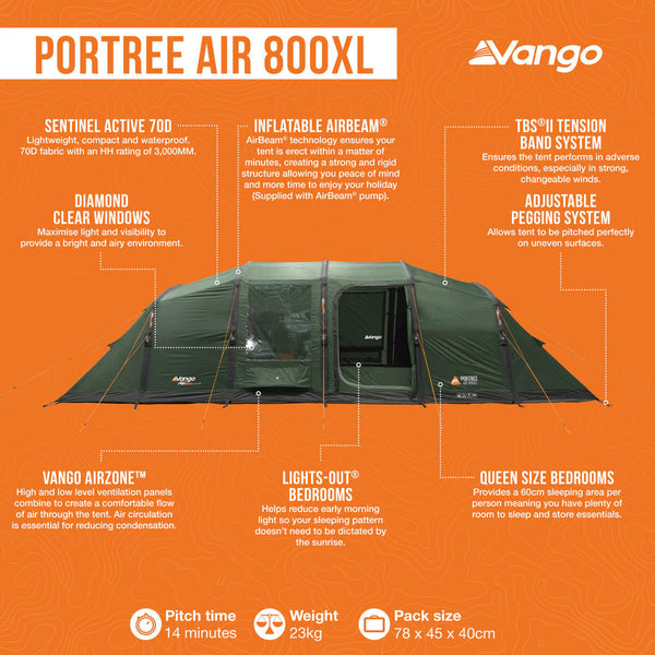 Vango Portree Air 800XL Inflatable Tent, 8 Person