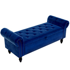 Ottoman Storage Bench, Velvet End Of Bed Storage Box With Lid, Sturdy Wood Legs Footrest, 168KG Load Capacity, Sofa Bench For Bedroom/Living Room, 133x53x46cm (Grey/Blue/Beige)