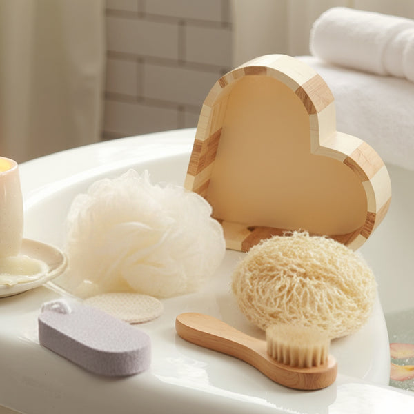 Boxed Heart-Shaped Bath Set - A wooden spa gift kit for bathrooms, featuring a heart-shaped wooden bucket. Includes a loofah, pumice stone, massager, and brush. This natural relaxation and body care kit is ideal for home use and bathroom decoration.