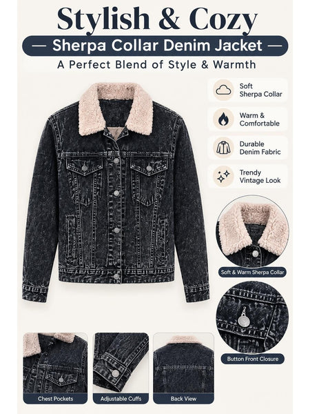 Women'S Black Denim Jacket with Sherpa Collar, Fleece Lined Jean Trucker Jacket, Warm Button Up Long Sleeve Winter Coat, Casual Vintage Denim Outerwear with Pockets