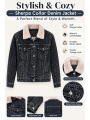 Women'S Black Denim Jacket with Sherpa Collar, Fleece Lined Jean Trucker Jacket, Warm Button Up Long Sleeve Winter Coat, Casual Vintage Denim Outerwear with Pockets