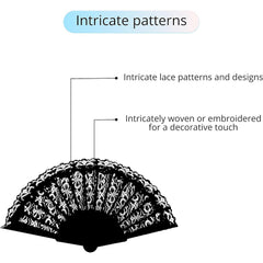 Black Lace Spanish Fan for Women, One Size, Foldable Lace Fan, Hand Held Fan for Wedding Party, Fancy Dress Costume Accessory