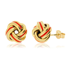 14Ct Yellow Gold Coral Enamel Love Knot Earrings