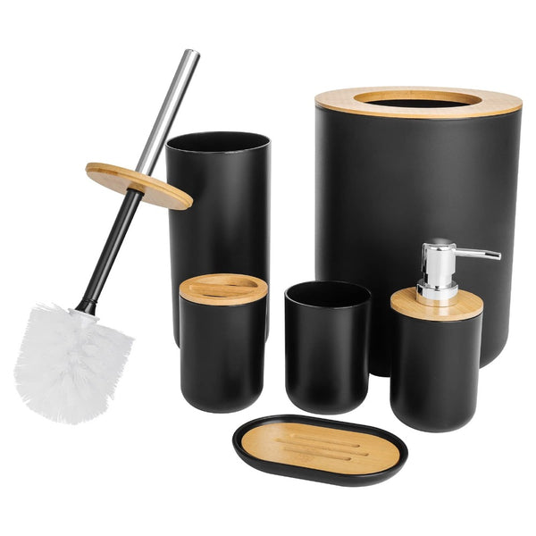 6pc Grey Black White Bathroom Accessories- Bathroom Bin And Toilet Brush Set- Durable Toothbrush Holder Cup- Soap Dispenser With Pump- Soap Dish Holder