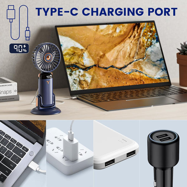 Handheld Fan Portable,Up to 13 Hrs 20DB Quiet Mini USB Rechargeable Hand Held Fans with Lanyard and Base, Battery Operated Electric Foldable Small Desk Fan with 5 Speed for Home Office Travel