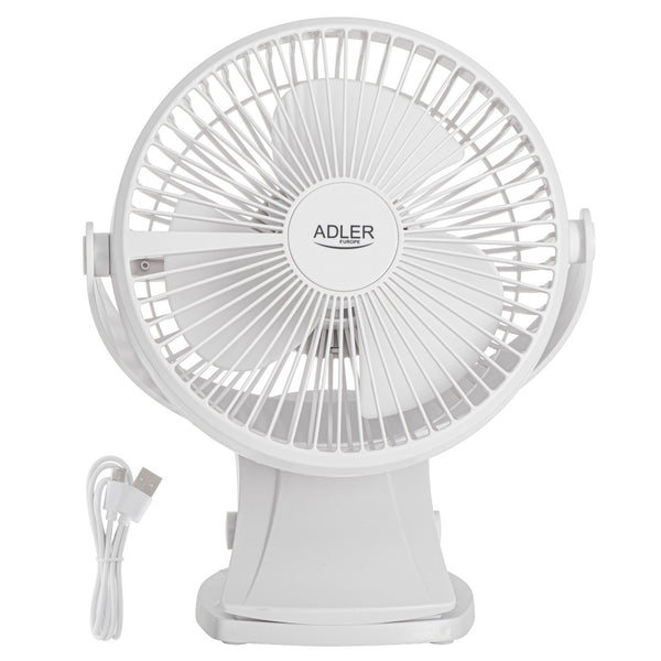 Desk fan with clip, rechargeable, 15.5 cm, 360° rotation, USB-C, Adler