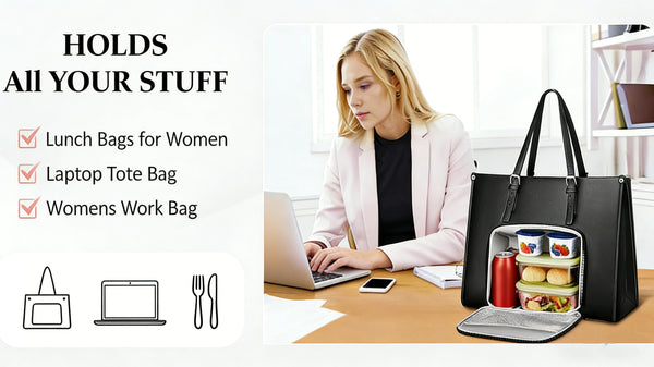 Laptop Tote Bag for Women with Insulated Compartment,Lunch Bag,, 15.6 Inch PU Leather Briefcase Tote, Leakproof Work Handbag with Adjustable Handle, Large Capacity Waterproof Briefcase for School, Multifunctional Office & School Bag, Black