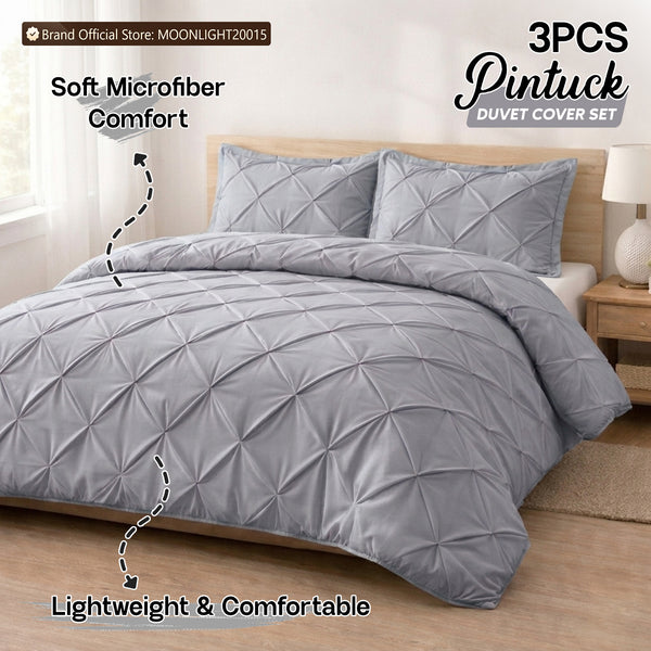 3pcs Luxury Pintuck Duvet Cover Set – Soft Breathable Microfiber Bedding Set, Elegant Pleated Design, Hotel Quality, Machine washable, All season use for Single, Double, King & Super King Sizes
