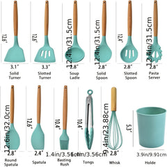 12pcs/22pcs/30pcs/37pcs, Kitchen Utensils Set, Kitchen Cooking Utensils Set, Spoon, Spatula, 446F Heat Resistant Non Stick Food Grade Silicone And Wooden Handles, Measuring Cups And Spoons, S Hooks