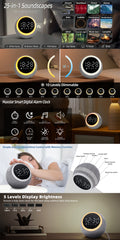 White Noise Sound Machine - With Nightlight & Alarm Clock - 25 Soothing Sounds, 16 Levels Adjustable Volume, Timer Therapy, Sleep Aid - Ideal For Sleep, Relaxation, Focus, Dimmable Night Light Alarm Clock For Bedroom
