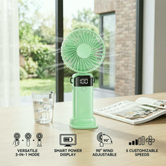 1 Foldable 3-in-1 Handheld Fan with LED Digital Display and 5 Adjustable Wind Speeds, Portable USB Rechargeable Fan with 90° Angle Adjustment and Whisper-Quiet Operation for Outdoor Travel Office and Daily Use