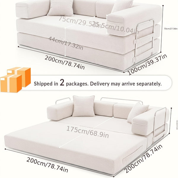 Foldable Sofa Bed 200cm Wide XXL Bed, Modular Floor Sofa, Corduroy Cloud Sofa With Metal Frame, 3-seater Guest Bed, Foldable, Non-slip, Washable ( 200cm (3-seater))