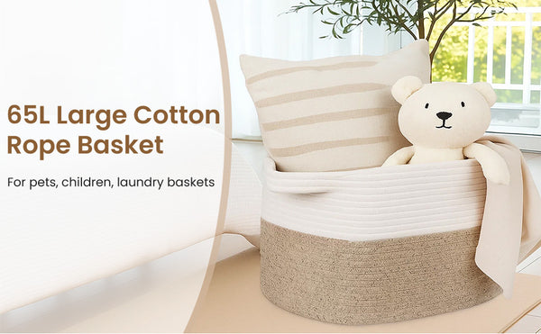 65L Large Storage Basket Blanket Baskets in Living Room, Nursery, Bedroom, Cotton Rope Baskets for Towels, Books, Toys, Dirty Clothes, Baby Storage Organiser, Grey, 65L