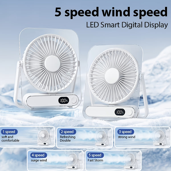 USB Desktop Fan, Portable Small Table Fan with 5 Speeds, 180° Foldable Rotation, Digital Battery Display, Ultra Quiet Strong Airflow, Cooling Fan for Bedroom Office Travel, For Outdoor Camping Travel