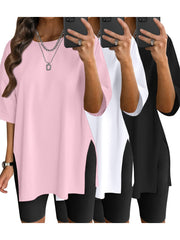 3pcs Oversized Women'S Loose Top Round Neck Casual Basic Shirt Fashion Side Slit Loose Short Sleeve T-Shirt