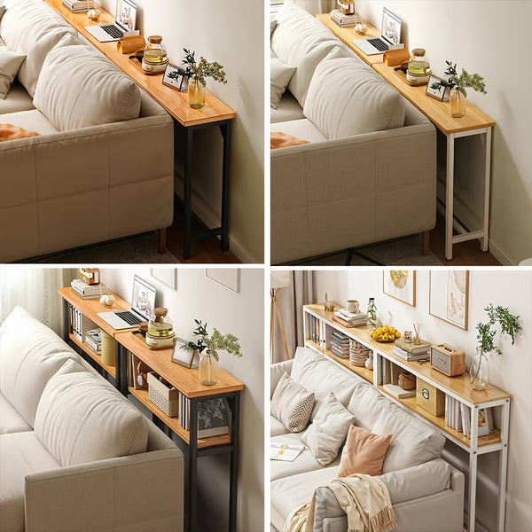 Heavy Duty Minimalist Slim Console Table - Slim Wall-Mounted Single/Double Tier Entryway Shelf with Carbon Steel Frame, Space-Saving Narrow Hallway Table, Bedroom/Living Room Table ( MDF Wood + Black/White Metal), Utility Racks