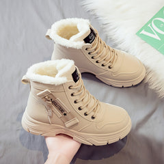 Women'S Winter Ankle Boots - Thick Cushioned Sole, Lace-Up Closure, Beige/White - PU Synthetic Cover Upper - Warm Cold Weather Boots for Everyday & Formal Outfits - Easy-Clean Shoes, Ladies Winter Boots, Casual Footwear, Plush Lined Interior, Fabric Lined