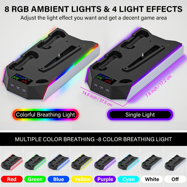 for PS5/Slim/ Pro Stand Disc & Digital Console, RGB Cooling & Charging Station with 3-Level Fan, Controller Charger for PS5 Controller, Accessories with 3 USB Ports/Cooling Fan/Headset Holder