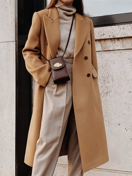 This Elegant Cream White Woolen Coat Features a Double-Breasted Design, Button Details, And a Slim Fit, Making It Perfect for Both Casual And Formal Events During The Fall And Winter Seasons.