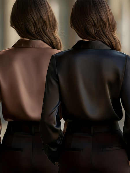 Ladies' 2pcs Top Set: High-end Solid Color Long-sleeve Shirt with Lapel, Simple and Fashionable Design, Light Luxury Commuting Top That Exudes Elegance and Professionalism. Suitable for Various Occasions Such as the Workplace, Dates, and Daily Wear