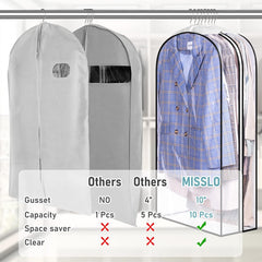 MISSLO Gusseted Clear Suit Covers Garment Bags for Clothes 100Cm Waterproof Cothes Covers Protector Bags with Side Zip for Coats, Shirts, Dresses, 3 Packs