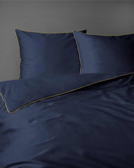 Luxury Dark Blue Duvet Cover Set with Gold Trim – 100% Cotton Sateen – Opulent Hotel Style Bedding for Single, Double, and King Beds