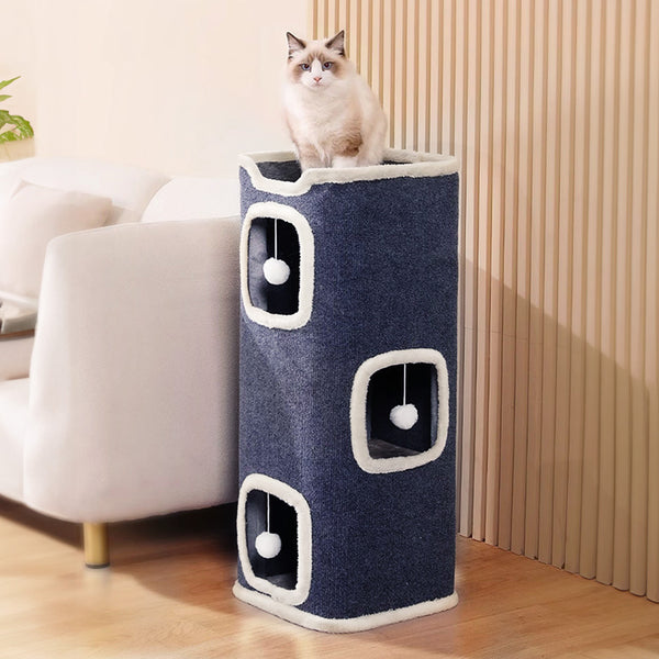 Large Cat Bed Cat House Cave & Tower Foldable Indoor 1/2/3 Layer with Hanging Toy Ball for Small Medium Pets, Large Cats Cube Bed Cave with Hideaway Condos