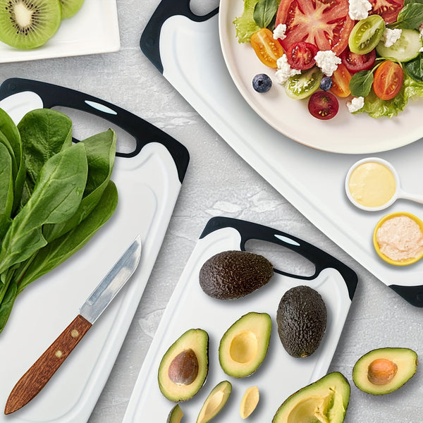 3pcs Large Plastic Cutting Board Set with Non-Slip Base & Ergonomic Handle - Dishwasher Safe, Heavy-Duty Kitchen Chopping Boards with Rounded Edges, & Design, Space-Saving Stackable for Meat, Vegetables, Cheese - Durable & Easy to Clean (No Batterie