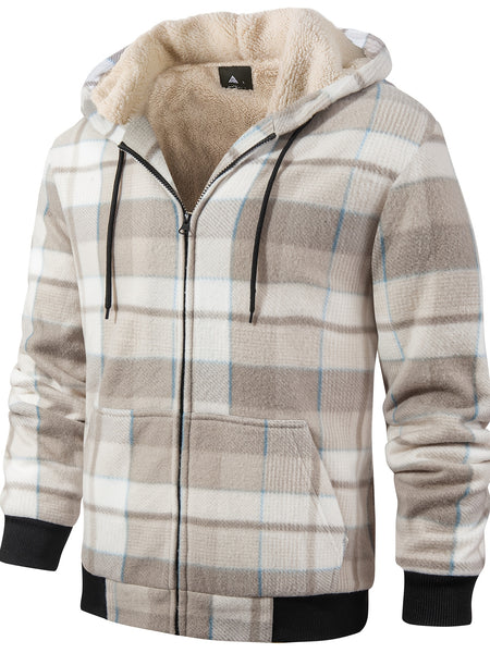 Men's Heavyweight -Lined Hooded Jacket - Full-Zip Plaid Thickened Shirt with Pockets and Adjustable Drawstring, Comfortable and Warm for Autumn and Winter
