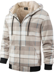 Men's Heavyweight -Lined Hooded Jacket - Full-Zip Plaid Thickened Shirt with Pockets and Adjustable Drawstring, Comfortable and Warm for Autumn and Winter