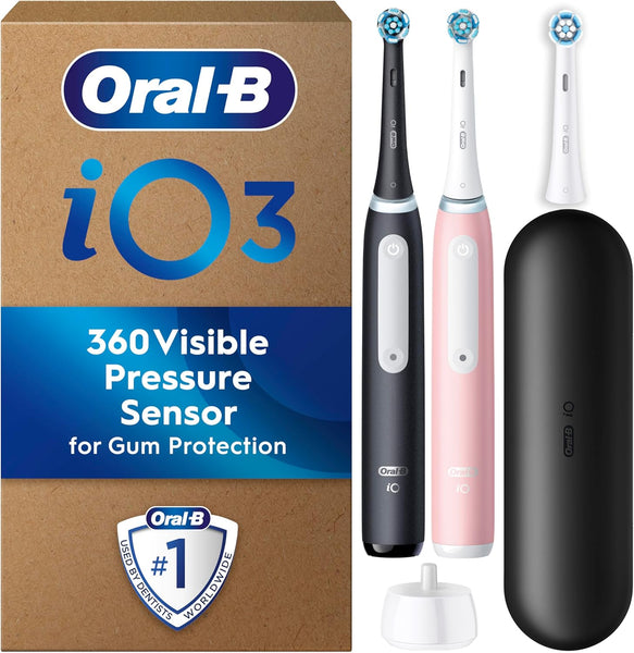 Oral-B Io3 Electric Toothbrush, 2 Toothbrush Heads, Pressure Sensor, Toothbrush for Adults with Travel Case, Gift Ideas for Him/Her, Matt Black, UK 2 Pin Plug