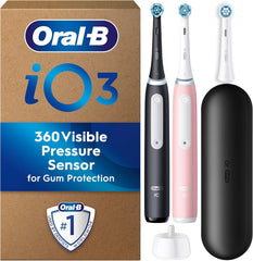 Oral-B Io3 Electric Toothbrush, 2 Toothbrush Heads, Pressure Sensor, Toothbrush for Adults with Travel Case, Gift Ideas for Him/Her, Matt Black, UK 2 Pin Plug