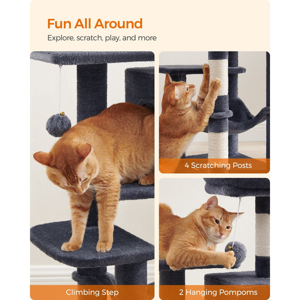 112 cm Cat Tree, Multi-Level Soft Plush Cat Tree, Cat Tower Condo with 4 Cat Scratching Posts, Hammock, Cave, Platform, Toys, Pink/White/Beige/Grey, Easy Assembly and Sturdy, Indoor Cat Furniture
