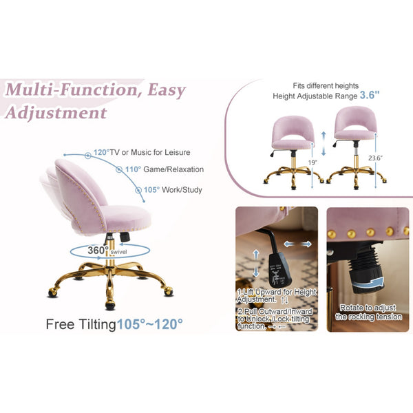 Office Chair Velvet Fabric Swivel Computer Desk Chair Comfy Armless Vanity Task Chair With Adjustable Height, Ergonomic Chair for Home Bedroom (Delicate Lilac)