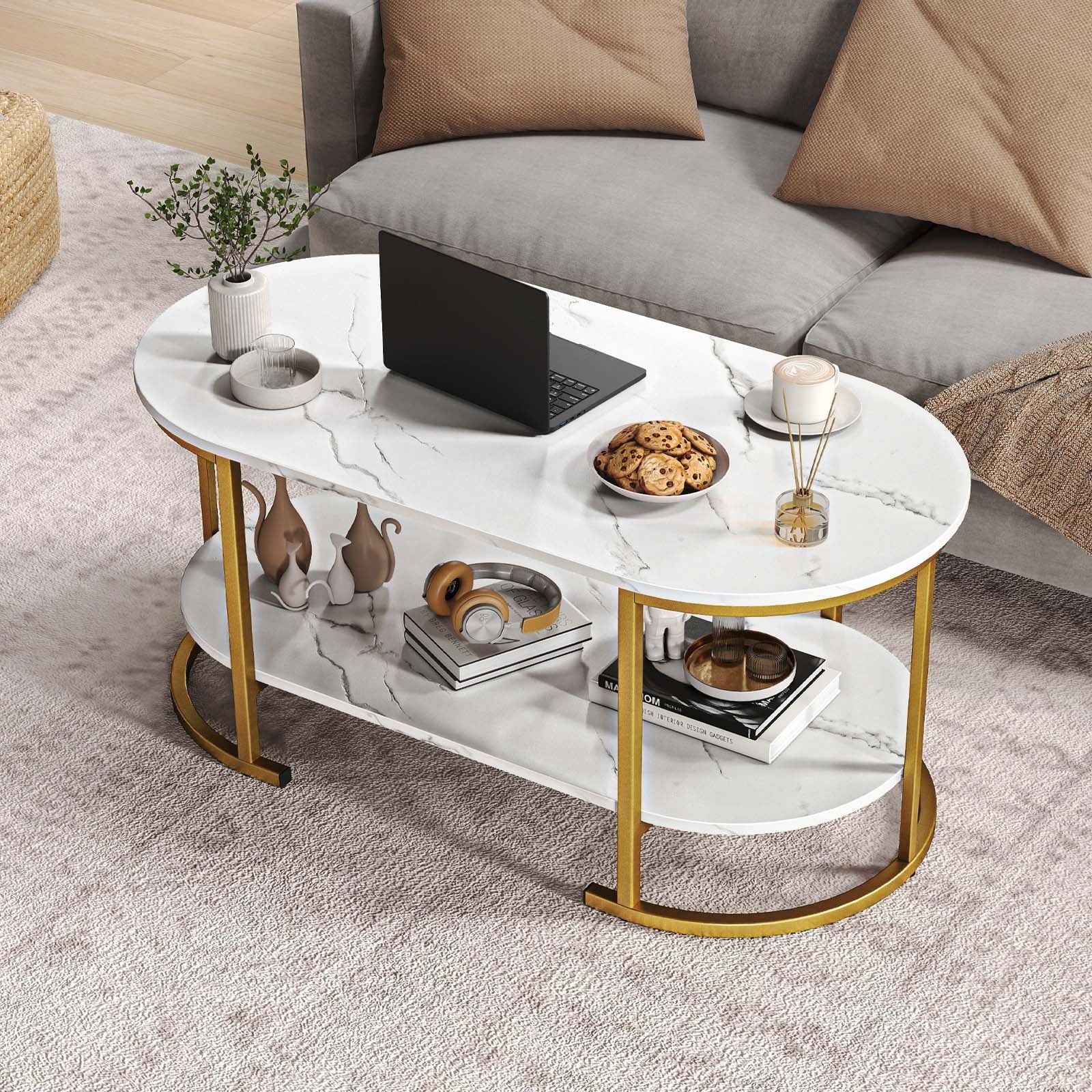 GOFLAME Oval Coffee Table, 2-Tier Wooden Accent Table with Spacious Tabletop & Open Storage Shelf, Modern Farmhouse Center Table Industrial Cocktail Table Home Decoration for Living Room Reception Room