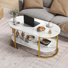GOFLAME Oval Coffee Table, 2-Tier Wooden Accent Table with Spacious Tabletop & Open Storage Shelf, Modern Farmhouse Center Table Industrial Cocktail Table Home Decoration for Living Room Reception Room