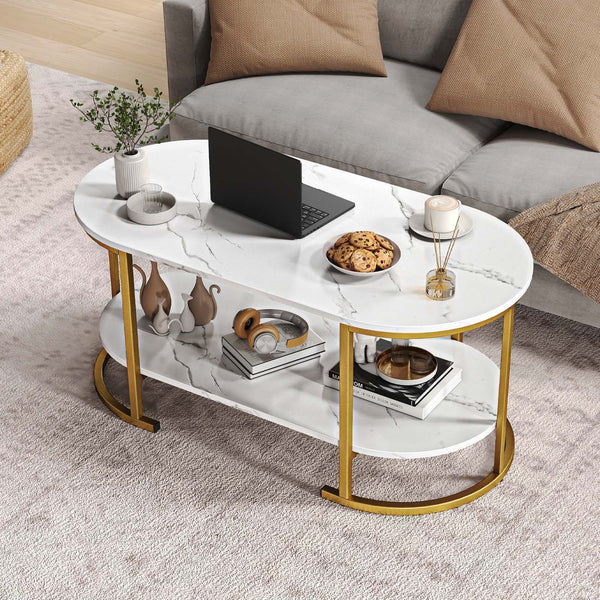 GYMAX White Faux Marble Coffee Table, 2-Tier Modern Oval Center Table with Open Storage Shelf, Gold Metal Frame Cocktail Table for Living Room, Bedroom