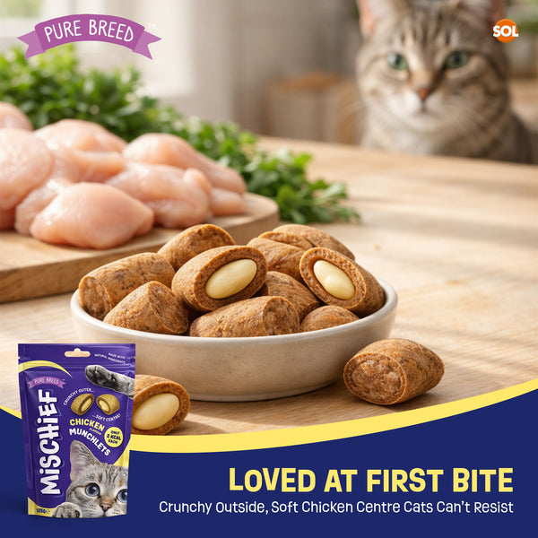 Pure Breed Mischief Cat Treats 6 Pack | Chicken Flavour Pillow Snacks for Cats | Crunchy Outside & Soft Creamy Centre | High Protein Low Calorie Cat Bites (Only 2 kcal Each) | Natural Resealable Cat Treat Pouches