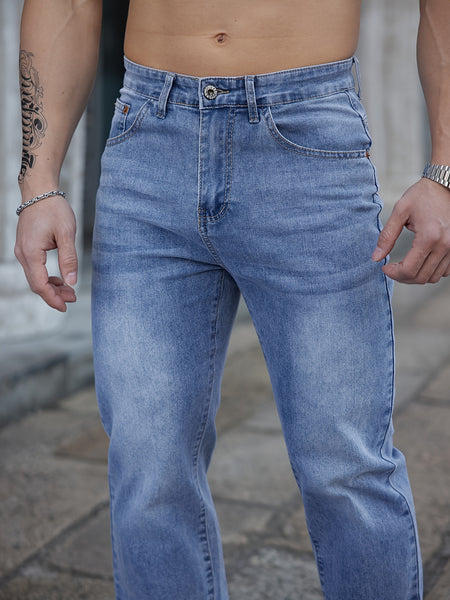2025 Spring/Summer New Men's Light  Washed Faded Embroidered Slim-Fit Versatile Trendy Stretch Jeans